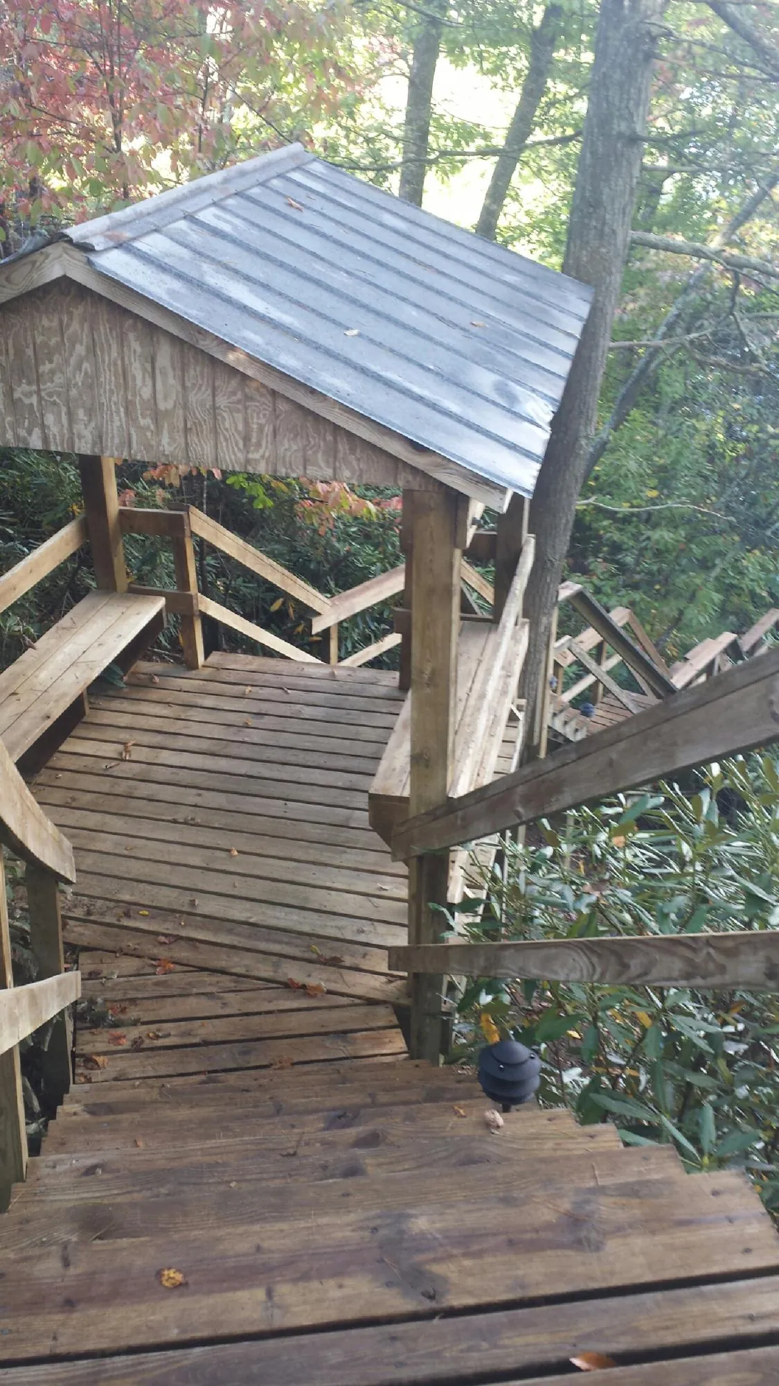 Metal roofed shelter over wooden steps on a wooded walkway — Skylight Repair & Installation work by our crew in Cairnbrook